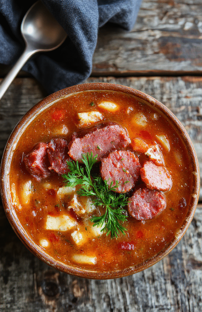 A vibrant bowl of hearty kielbasa soup featuring sliced kielbasa sausages, chunks of vegetables, and herbs in a rich broth, served on a rustic wooden table with a warm ambiance.