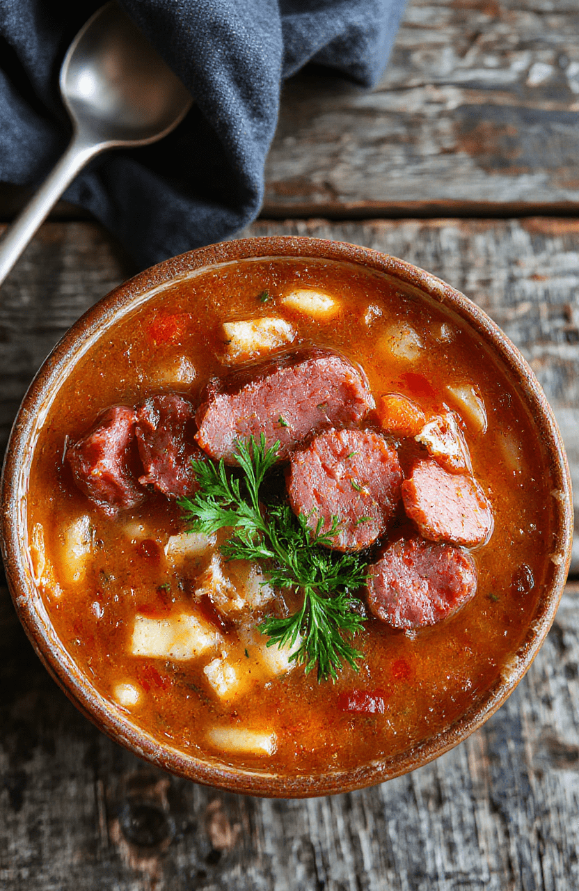 A vibrant bowl of hearty kielbasa soup featuring sliced kielbasa sausages, chunks of vegetables, and herbs in a rich broth, served on a rustic wooden table with a warm ambiance.