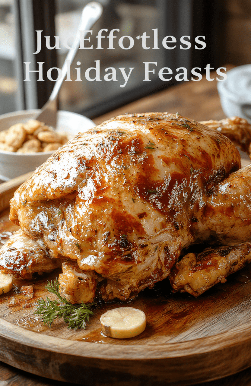 An evenly roasted golden-brown turkey centerpiece on a rustic wooden platter, surrounded by fresh herbs, lemon slices, and cranberry sauce, with a crispy skin and tender meat visible, styled for a festive holiday dinner.