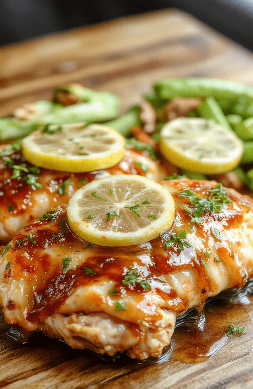 A beautifully plated lemon honey glazed chicken featuring golden-brown crispy skin, garnished with fresh lemon slices and herbs, served on a rustic white plate. The glaze is glossy and thick, coating the tender chicken pieces. The background shows a lightly colored wooden table with a sprig of herbs and lemon wedges for visual appeal, highlighting the inviting textures and vibrant yellow hues.