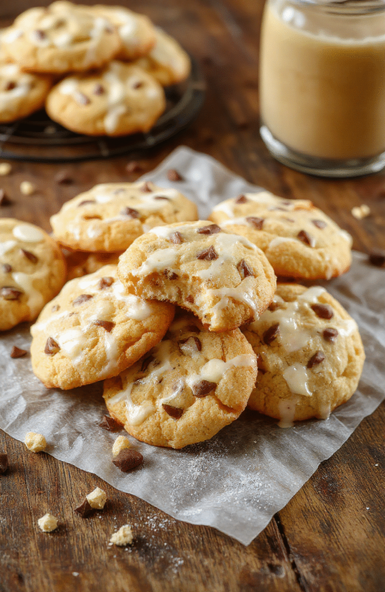A plate of vibrant Magical Butterbeer Cookies arranged beautifully on a rustic wooden table. The cookies are golden with a hint of frosty glaze, topped with whimsical sprinkles and a swirl of whipped cream. Background features a cozy, softly lit setting with ingredients like butter, cream, and caramel subtly visible, creating an inviting and celebratory atmosphere.