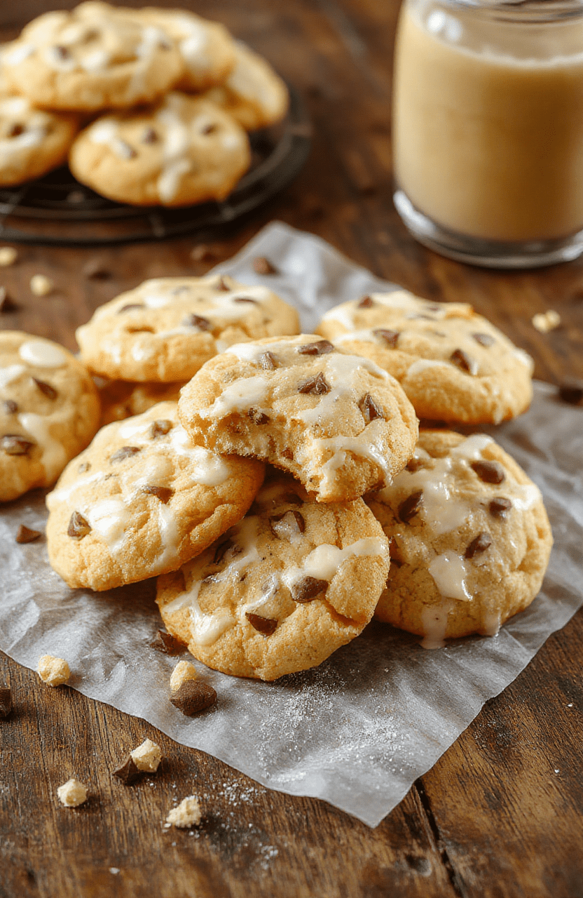 A plate of vibrant Magical Butterbeer Cookies arranged beautifully on a rustic wooden table. The cookies are golden with a hint of frosty glaze, topped with whimsical sprinkles and a swirl of whipped cream. Background features a cozy, softly lit setting with ingredients like butter, cream, and caramel subtly visible, creating an inviting and celebratory atmosphere.