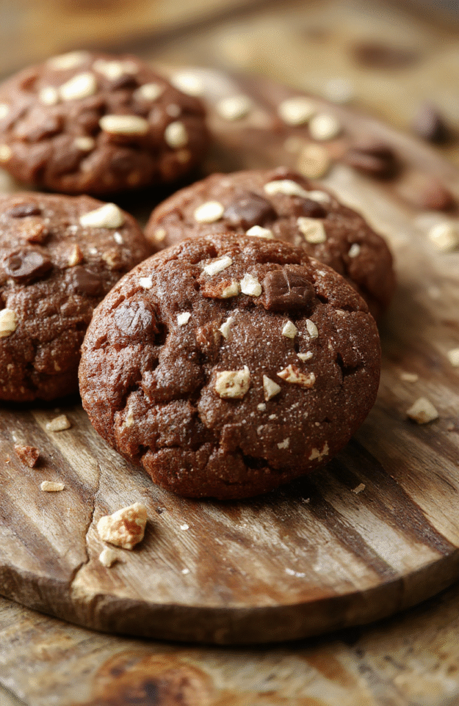 A rustic white plate holding a generous stack of golden-brown cowboy cookies with visible oats, chocolate chips, and nuts, set against a wooden table with a warm, cozy ambiance. The cookies appear soft and chewy, with a slight crackle on top, inviting a comforting bite.