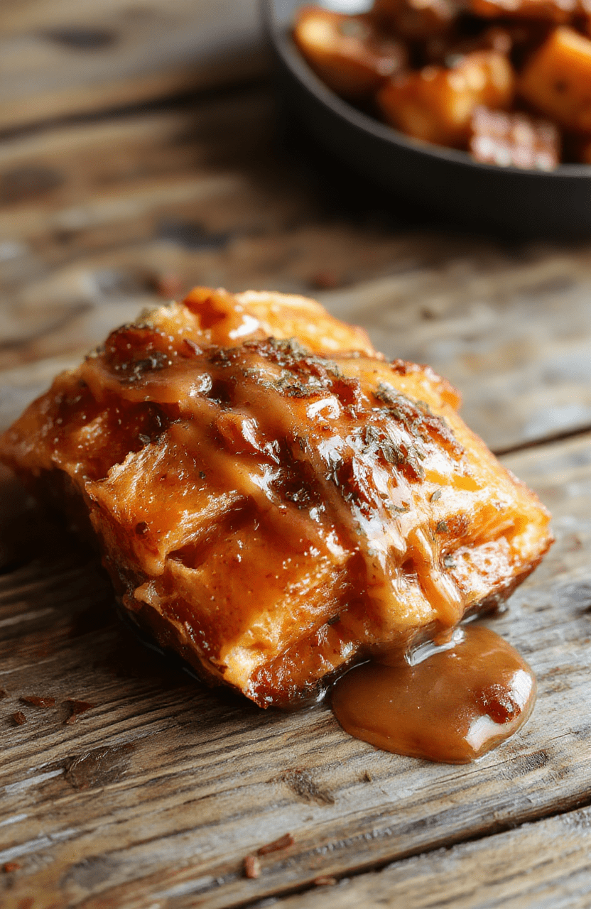 A vibrant plate of golden-brown candied yams drizzled with rich caramel sauce, garnished with chopped pecans and sprigs of fresh rosemary, styled on a rustic wooden surface with a soft focus background.