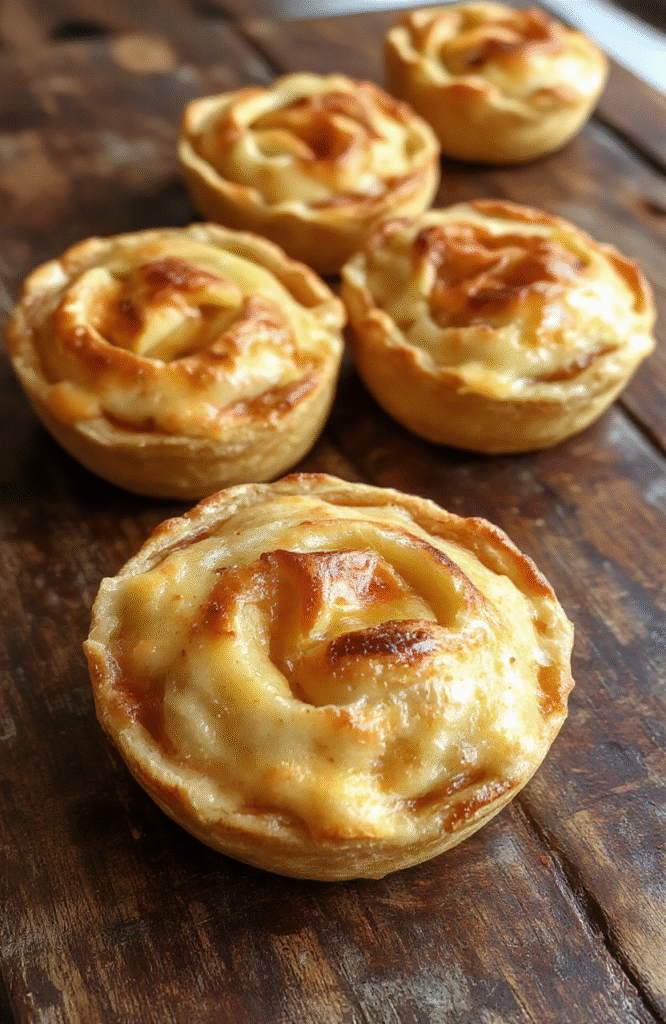 A close-up of golden mini apple pies on a rustic wooden platter, flaky crusts with a hint of cinnamon, filled with caramelized apple pieces, garnished with a dusting of powdered sugar and fresh apple slices, styled simply with a cozy background highlighting warm tones and inviting textures.