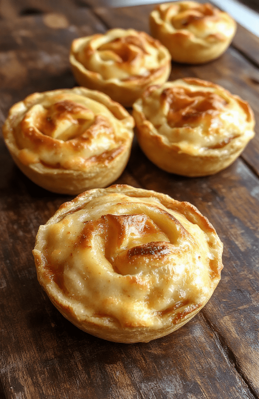 A close-up of golden mini apple pies on a rustic wooden platter, flaky crusts with a hint of cinnamon, filled with caramelized apple pieces, garnished with a dusting of powdered sugar and fresh apple slices, styled simply with a cozy background highlighting warm tones and inviting textures.