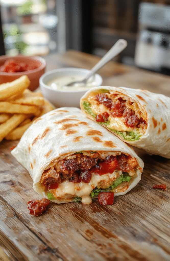A vibrant plate of Ultimate BLT Wraps featuring crispy bacon, fresh green lettuce, ripe red tomatoes, all wrapped in soft tortilla. The wraps are sliced open revealing the colorful layers, styled on rustic wooden table with natural sunlight, highlighting textures and fresh ingredients.