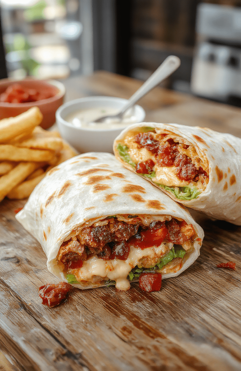 A vibrant plate of Ultimate BLT Wraps featuring crispy bacon, fresh green lettuce, ripe red tomatoes, all wrapped in soft tortilla. The wraps are sliced open revealing the colorful layers, styled on rustic wooden table with natural sunlight, highlighting textures and fresh ingredients.