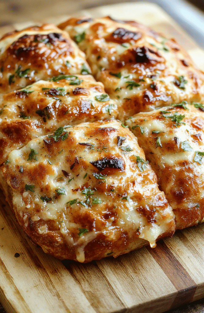 A golden-brown focaccia bread topped with fresh garlic and herbs, sliced open to reveal a soft, airy interior. The bread is placed on a rustic wooden board, with visible olive oil drizzled on top, highlighting its crispy crust and fluffy texture. The background shows a light-colored linen cloth, creating a cozy and inviting atmosphere.