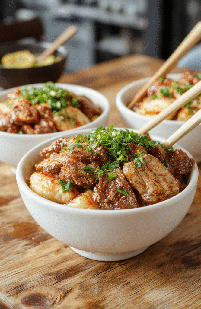 A vibrant plate featuring tender hibachi-style steak slices glazed with a savory sauce, served over fluffy steamed rice, garnished with green onions and sesame seeds. The bowl sits on a rustic wooden table with a background of fresh vegetables and dipping sauce accents, textures of juicy steak, fluffy rice, and fresh herbs creating an inviting, colorful presentation.