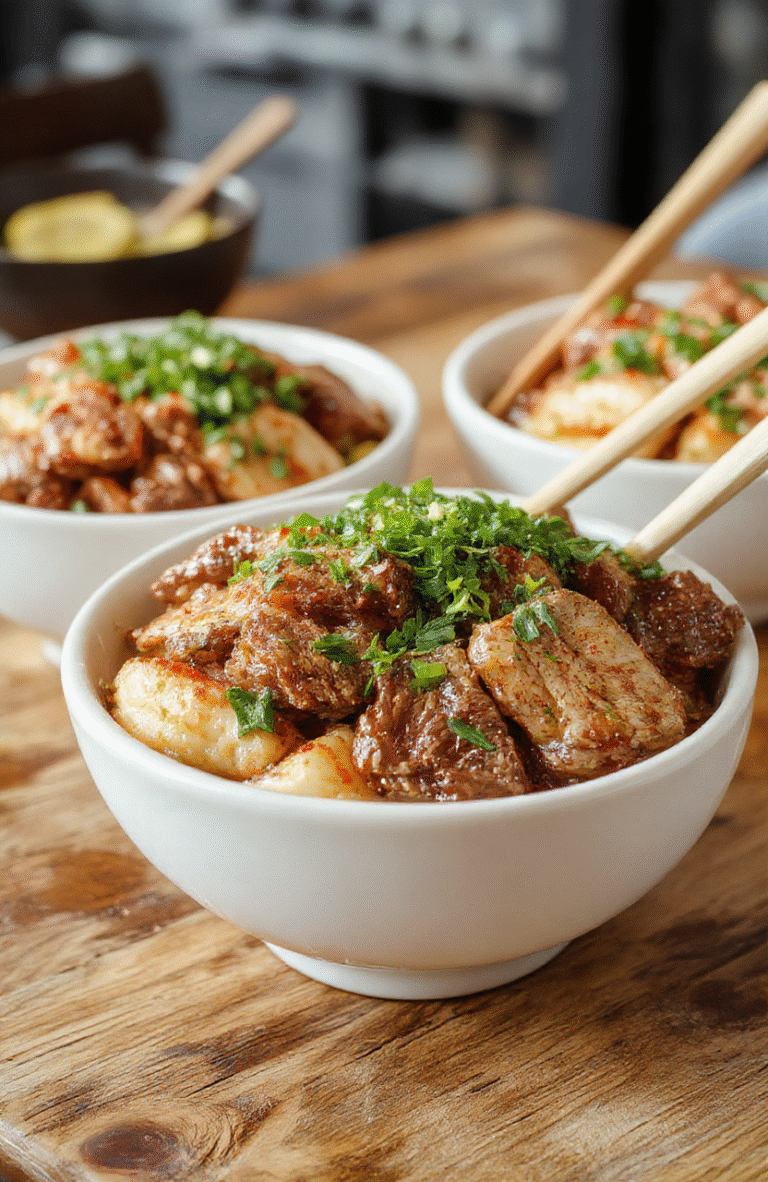 A vibrant plate featuring tender hibachi-style steak slices glazed with a savory sauce, served over fluffy steamed rice, garnished with green onions and sesame seeds. The bowl sits on a rustic wooden table with a background of fresh vegetables and dipping sauce accents, textures of juicy steak, fluffy rice, and fresh herbs creating an inviting, colorful presentation.