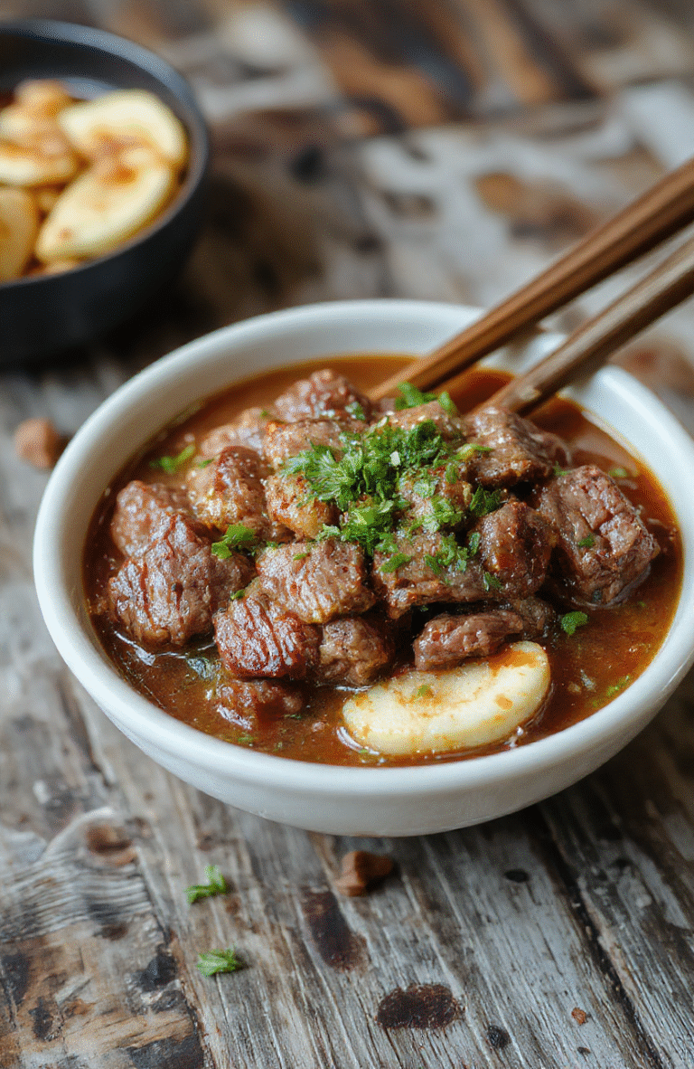 A colorful Korean beef bowl on a rustic wooden table, featuring tender beef strips glazed in savory sauce, chopped green onions, sesame seeds, and fluffy white rice. The vibrant dish is plated neatly with bold garnishes, highlighting the glossy meat and fresh toppings, styled casually to evoke an inviting, home-cooked meal.