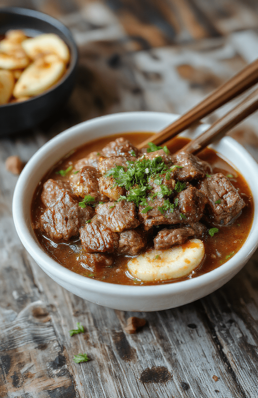 A colorful Korean beef bowl on a rustic wooden table, featuring tender beef strips glazed in savory sauce, chopped green onions, sesame seeds, and fluffy white rice. The vibrant dish is plated neatly with bold garnishes, highlighting the glossy meat and fresh toppings, styled casually to evoke an inviting, home-cooked meal.