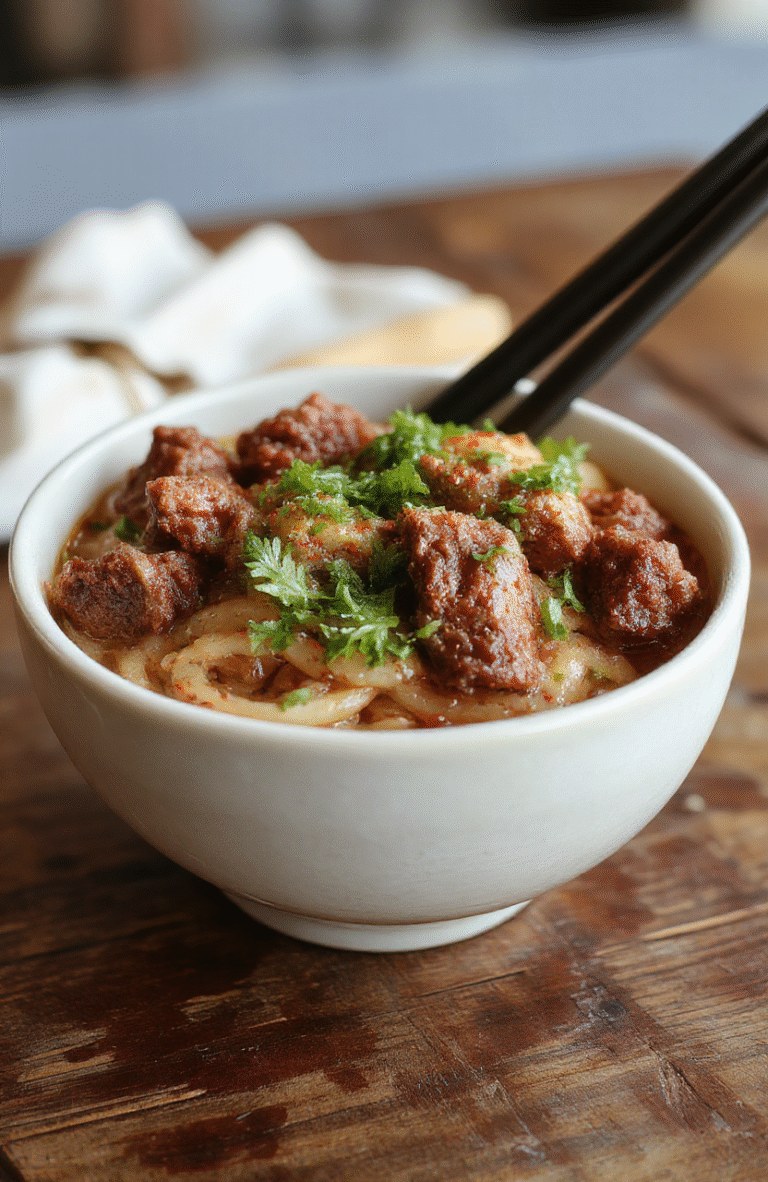 A vibrant bowl of Mongolian ground beef noodles featuring tender beef crumbles, glossy dark sauce, topped with chopped green onions, served on a rustic wooden table with chopsticks, colorful vegetables, and a sprinkle of sesame seeds, textures are glossy, savory, and fresh.