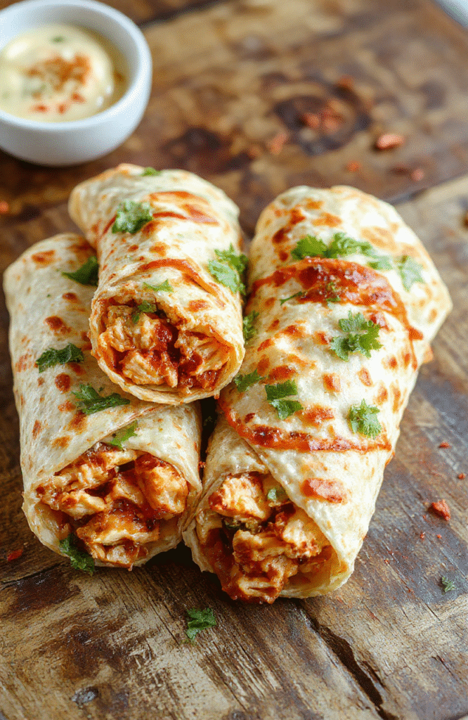 Colorful sweet chili chicken wraps plated neatly on a rustic wooden board, showcasing golden crispy chicken, vibrant red and green bell peppers, glossy sweet chili sauce drizzled over the wraps, fresh cilantro garnish, with a textured background highlighting the tender meat and crunchy tortillas.