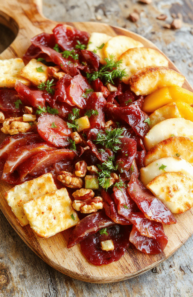 A colorful charcuterie board featuring an assortment of cured meats, assorted cheeses, fresh fruits, nuts, and crackers, artfully arranged on a wooden serving platter, with vibrant reds, yellows, and greens, styled casually with a rustic background and soft natural lighting highlighting textures and details.