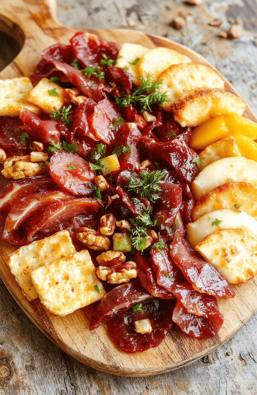 A colorful charcuterie board featuring an assortment of cured meats, assorted cheeses, fresh fruits, nuts, and crackers, artfully arranged on a wooden serving platter, with vibrant reds, yellows, and greens, styled casually with a rustic background and soft natural lighting highlighting textures and details.