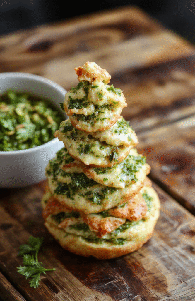 A beautifully arranged puff pastry tree topped with vibrant green pesto, cherry tomatoes, and fresh herbs, golden-brown and flaky, styled on a rustic wooden board with a festive holiday background.