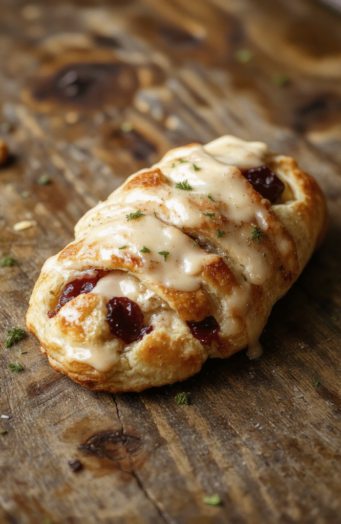 A golden-brown crescent ring filled with juicy turkey, vibrant cranberry sauce, and melted cheese, arranged in a circular shape on a white platter, garnished with fresh herbs, with a rustic wooden background.