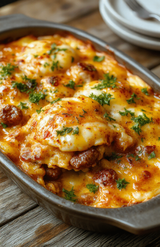 A golden-brown sausage egg casserole served in a square dish, topped with fresh chopped herbs. The casserole reveals layers of sausage, fluffy eggs, and melted cheese, with crispy edges. The presentation is inviting, set on a rustic wooden table with a few slices plated for serving, styled simply to highlight the hearty, comforting dish.