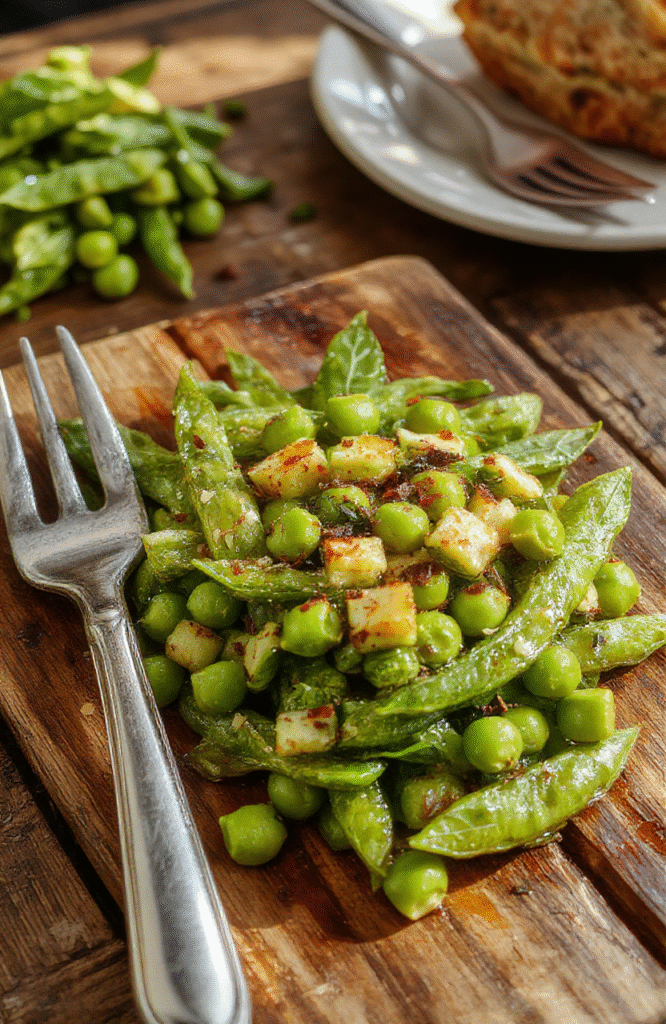 A vibrant bowl of bright green peas garnished with fresh herbs, presented on a white plate with a festive autumn table setting. The peas look tender and steam-kissed, with a glossy finish and a sprinkle of herbs giving a fresh touch. Soft natural light highlights the vivid color while the background hints at a cozy holiday meal atmosphere.