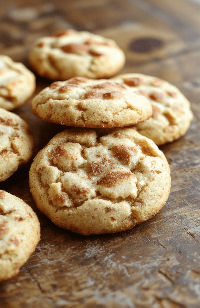 A plate of soft and chewy snickerdoodles arranged artfully on a rustic wooden surface, showcasing their golden-brown exterior coated with cinnamon sugar. The cookies have a slightly cracked surface with a warm, inviting appearance, and a few cinnamon sugar granules visible on top. Bright natural light highlights their texture and the cozy, homemade feel of the scene.
