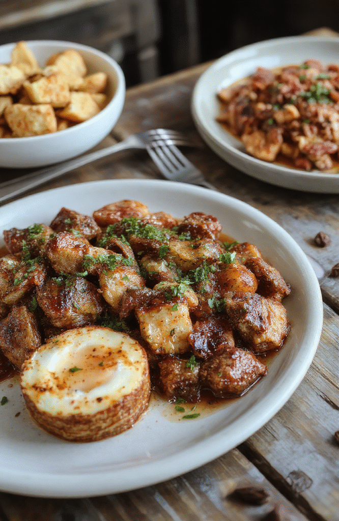 A vibrant plate featuring classic Southern Thanksgiving dishes with roasted turkey, candied yams, green beans, cornbread, and gravy, all beautifully arranged on rustic wooden table with autumn decor in warm tones, textures of crispy and tender foods, styled for an inviting holiday presentation.