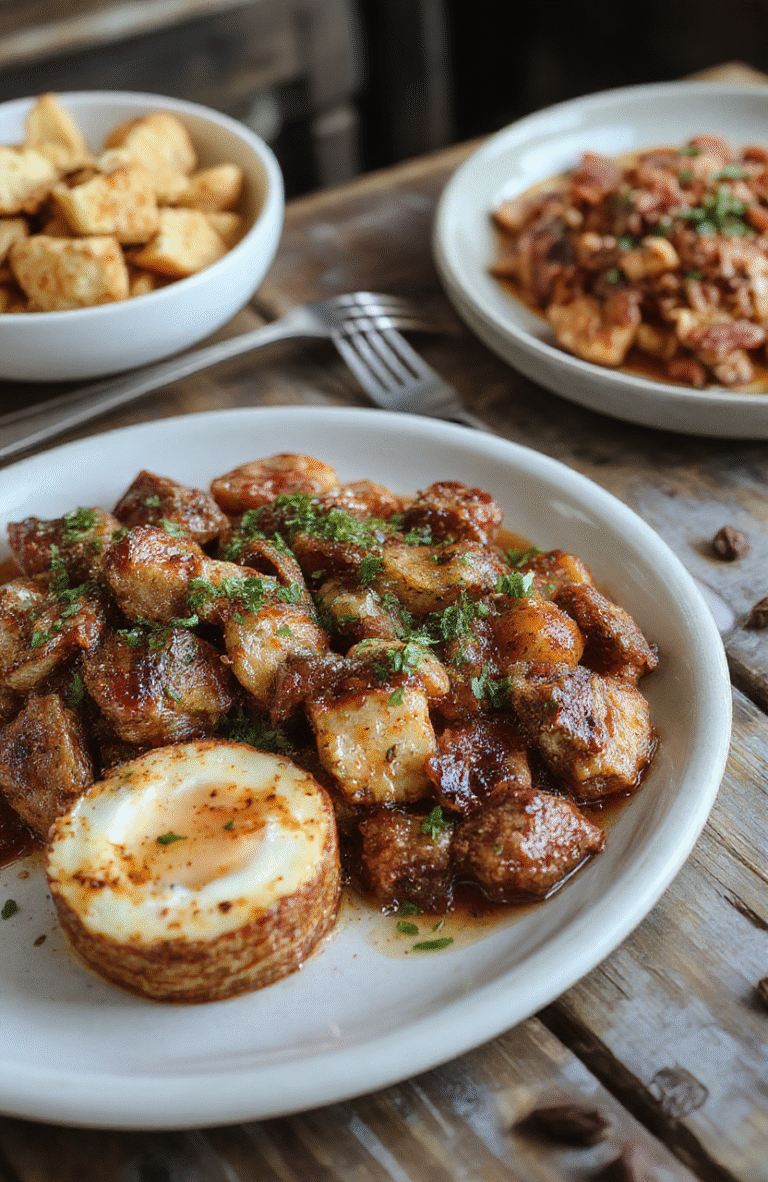 A vibrant plate featuring classic Southern Thanksgiving dishes with roasted turkey, candied yams, green beans, cornbread, and gravy, all beautifully arranged on rustic wooden table with autumn decor in warm tones, textures of crispy and tender foods, styled for an inviting holiday presentation.