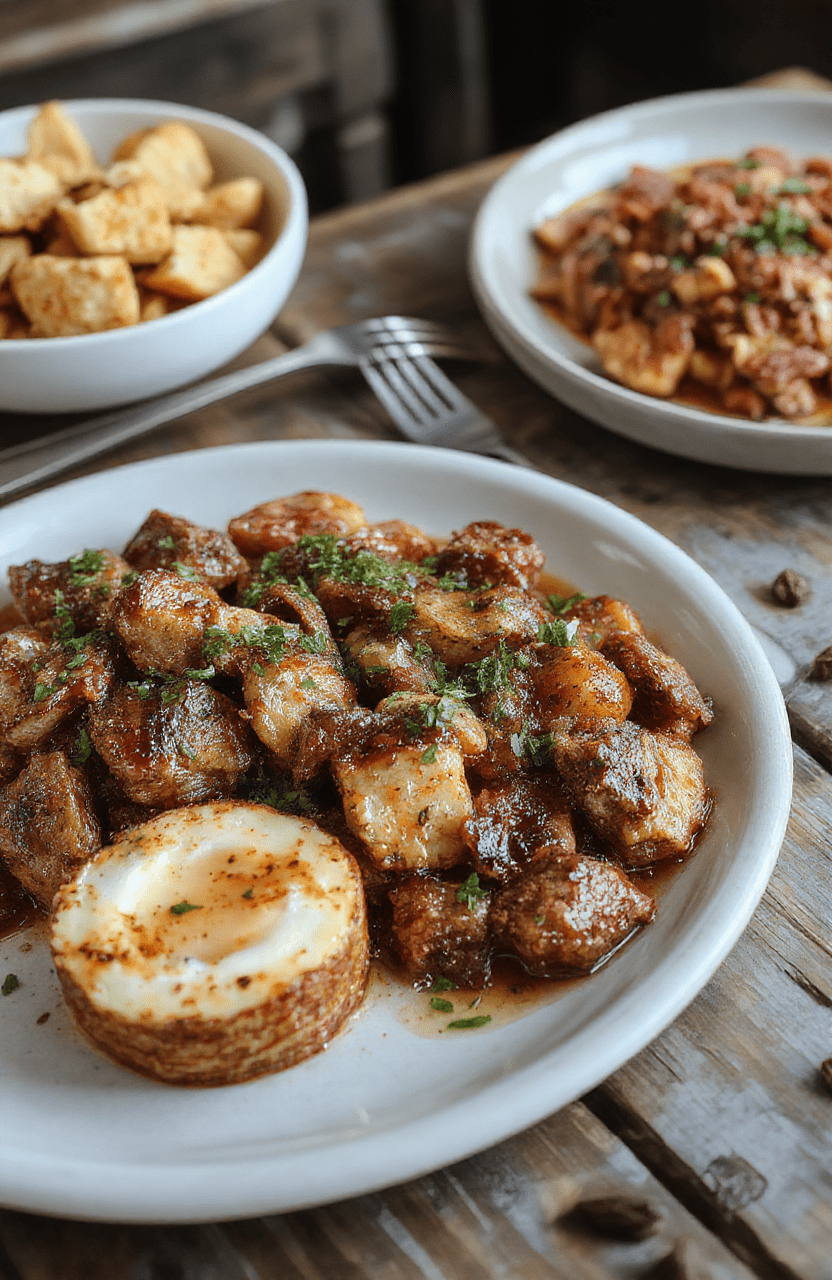 A vibrant plate featuring classic Southern Thanksgiving dishes with roasted turkey, candied yams, green beans, cornbread, and gravy, all beautifully arranged on rustic wooden table with autumn decor in warm tones, textures of crispy and tender foods, styled for an inviting holiday presentation.