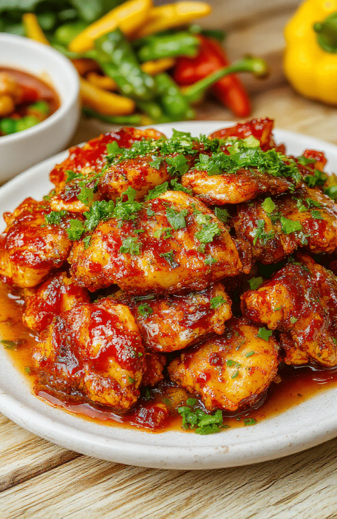 Vibrant spicy firecracker chicken served on a rustic white plate, garnished with fresh green herbs, glossy sauce glazed over crispy tender chunks, set on a wooden table with colorful peppers in the background, enticing textures and fiery colors