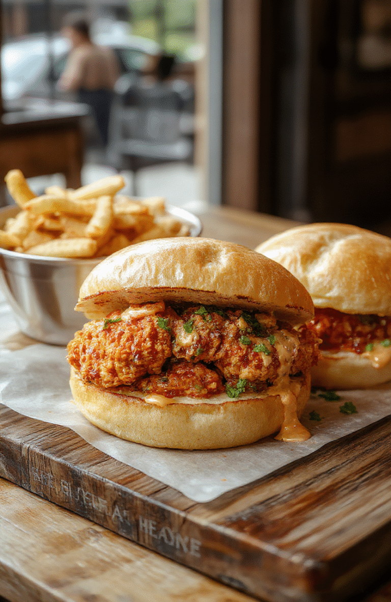 A vibrant plate of spicy Nashville hot chicken sandwiches featuring crispy fried chicken coated in bright red spicy sauce, nestled in soft buns with crunchy pickles and a drizzle of creamy sauce, styled on a rustic wooden board with colorful garnishes, textures of crispy chicken and smooth sauces highlighted