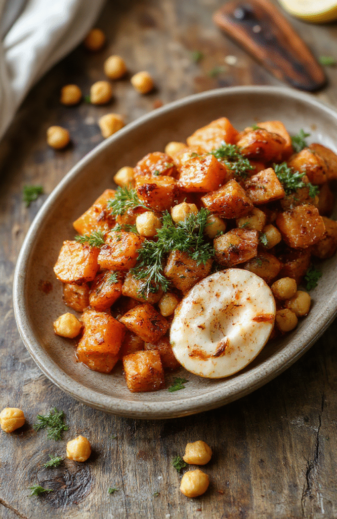 Vibrant orange roasted carrots topped with golden crispy chickpeas, served on a white ceramic plate, garnished with fresh herbs. The carrots have a caramelized glaze, and chickpeas are perfectly crunchy, creating a delightful contrast. The presentation is rustic and inviting, highlighting the warm tones and textures of the dish with a blurred background for emphasis.