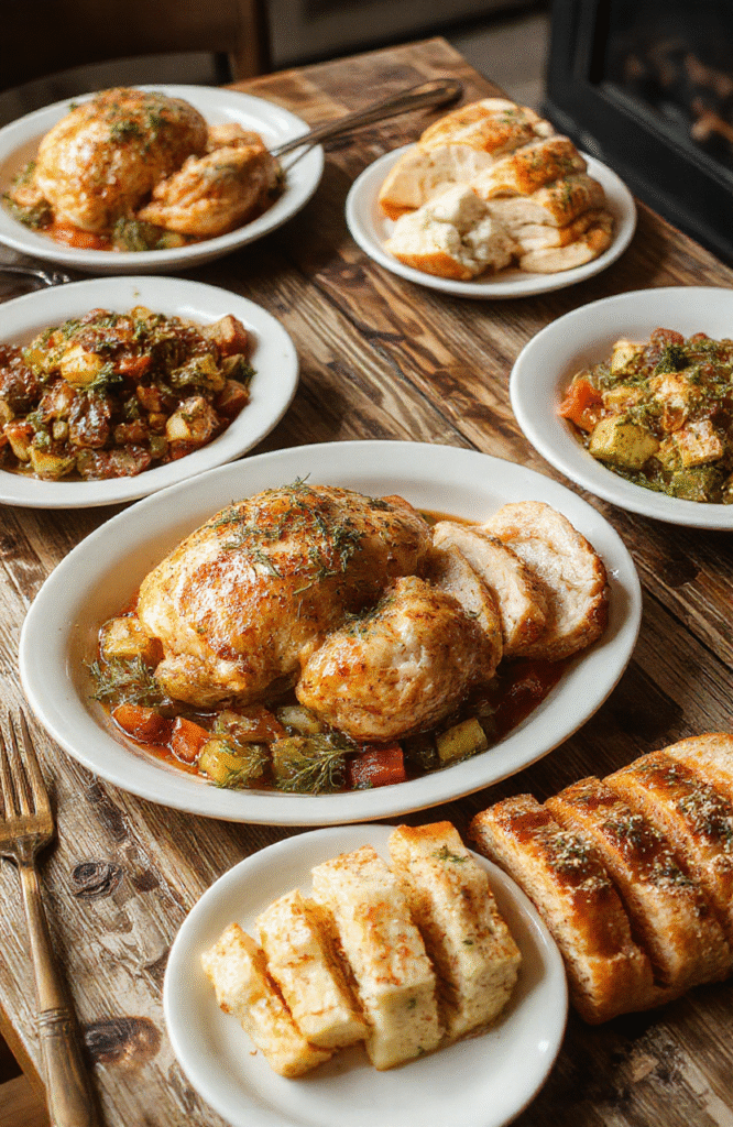 A vibrant plated Thanksgiving feast featuring roasted turkey, glazed vegetables, and fluffy mashed potatoes, garnished with fresh herbs and seasonal accents, styled on a rustic wooden board with warm lighting, showcasing textures and colorful seasonal elements.
