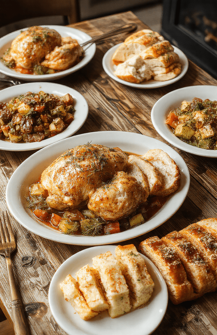 A vibrant plated Thanksgiving feast featuring roasted turkey, glazed vegetables, and fluffy mashed potatoes, garnished with fresh herbs and seasonal accents, styled on a rustic wooden board with warm lighting, showcasing textures and colorful seasonal elements.