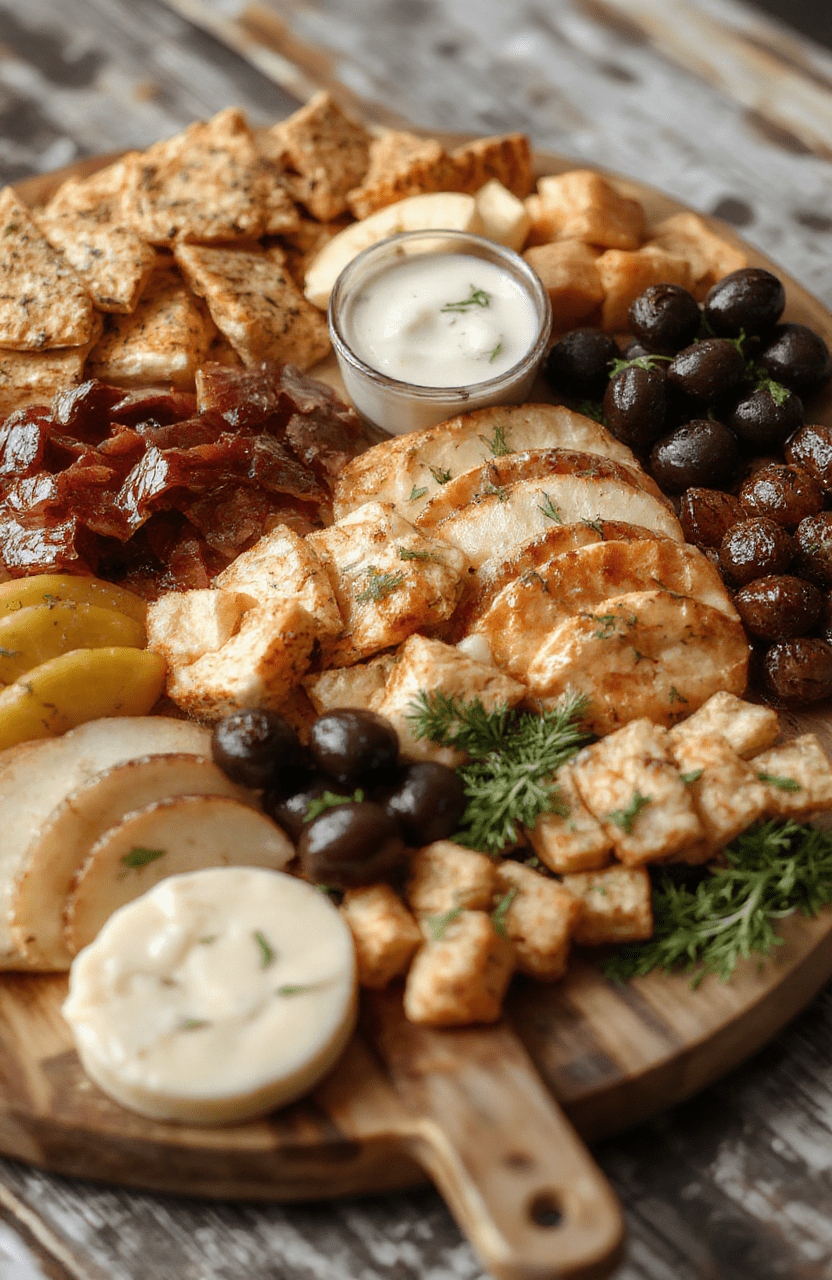 A vibrant charcuterie board featuring a variety of colorful cured meats, assorted cheeses, fresh fruits, nuts, and crackers artfully arranged on a wooden platter, with a mix of textures and flavors, accented with herbs and decorative garnishes for an elegant party presentation.