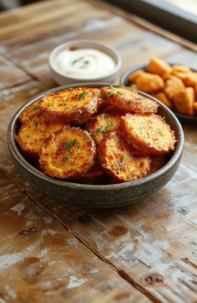 A plate of golden-brown sweet potato rounds arranged neatly, garnished with fresh herbs, with a crispy texture on the edges, vibrant orange flesh contrasting with the dark skillet, styled simply on a rustic wooden table with natural lighting.