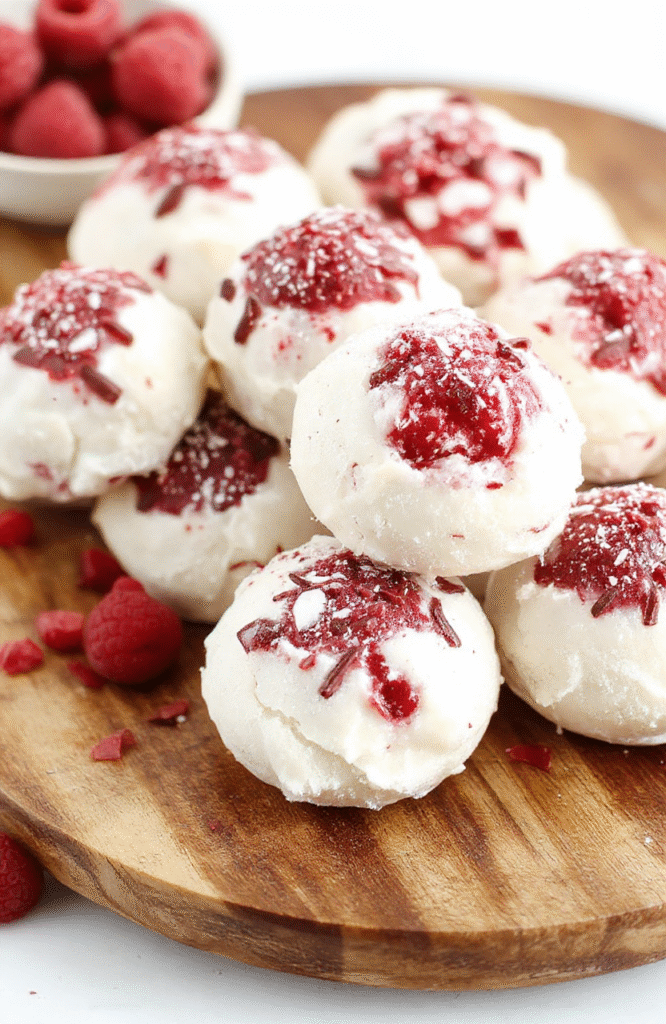 A plate of vibrant red raspberry snowballs dusted with powdered sugar, arranged on a rustic wooden platter. The cookies are round, smooth, with a snowy coating, and have a hint of raspberry peeking through. The background features soft holiday decor with warm lighting, creating an inviting festive atmosphere.