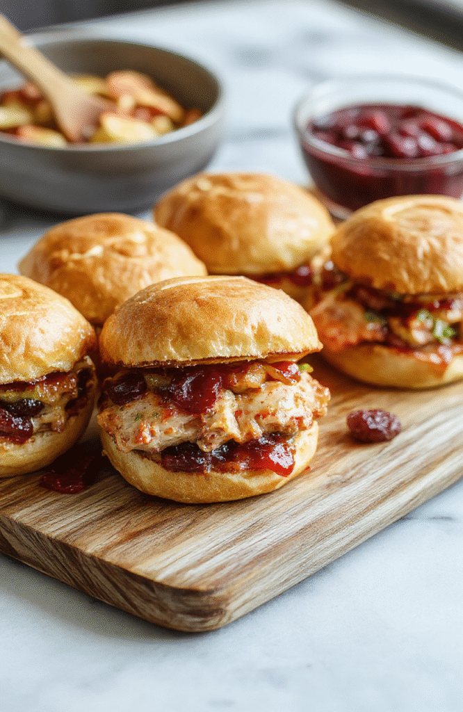 A close-up of golden-brown turkey cranberry sliders arranged on a wooden serving board. The sliders have soft buns topped with fresh cranberries, melted cheese, and a drizzle of cranberry sauce. The vibrant red cranberries contrast beautifully with the savory turkey and melty cheese, styled with sprigs of fresh herbs for an inviting holiday presentation.