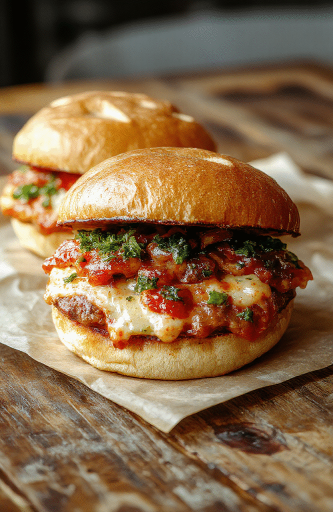 A vibrant close-up showing crispy burger buns topped with melted cheese, pepperoni slices, fresh basil, and diced tomatoes. The burger stack is resting on a rustic wooden surface with a side of crispy fries and dipping sauces, styled simply with natural lighting, emphasizing textures and vivid colors.