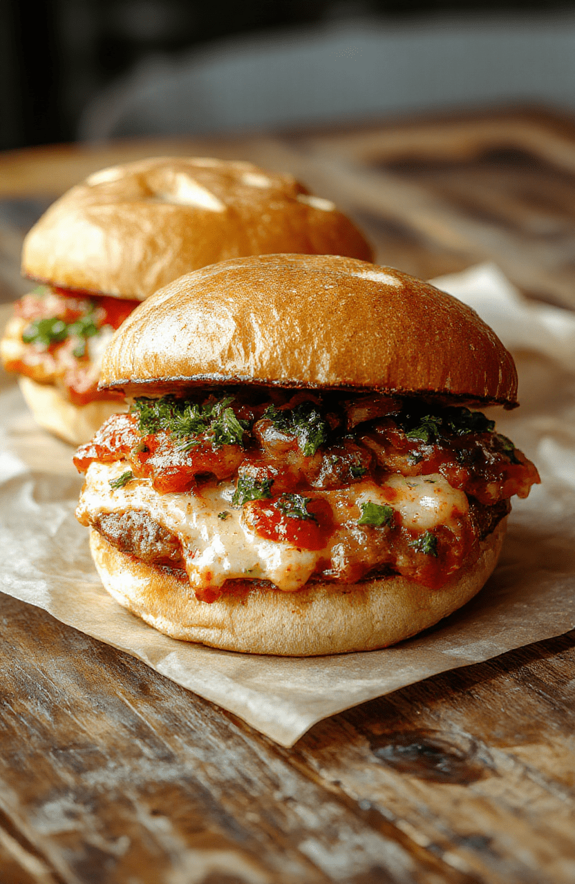 A vibrant close-up showing crispy burger buns topped with melted cheese, pepperoni slices, fresh basil, and diced tomatoes. The burger stack is resting on a rustic wooden surface with a side of crispy fries and dipping sauces, styled simply with natural lighting, emphasizing textures and vivid colors.