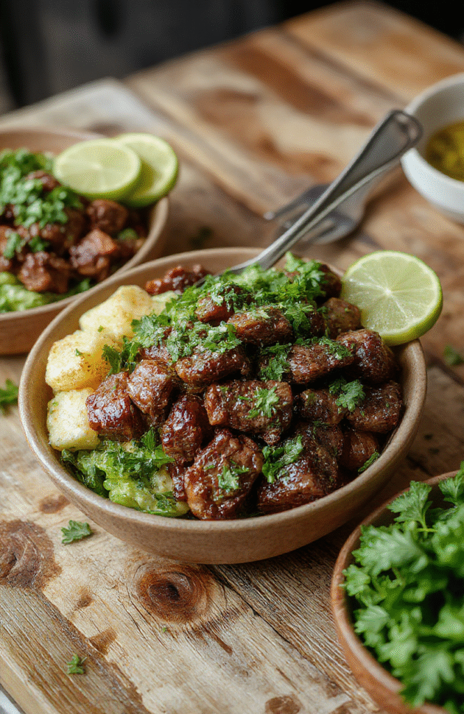 A vibrant plate of steak bowls featuring juicy sliced steak, fresh chopped cilantro, lime wedges, colorful vegetables, and a drizzle of sauce, styled on a rustic wooden table with a fresh lime and cilantro sprigs for garnish