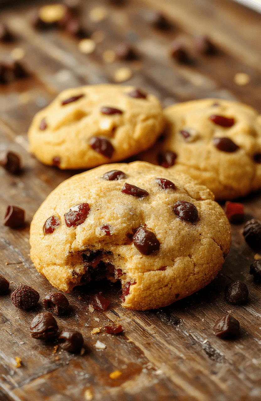 A close-up shot of vibrant orange cranberry cookies arranged on a rustic wooden platter. The cookies have a golden-brown edges with visible bright red cranberries and orange zest, garnished with a sprinkle of powdered sugar. The background features holiday-themed decorations with warm lighting that enhances the festive appeal.