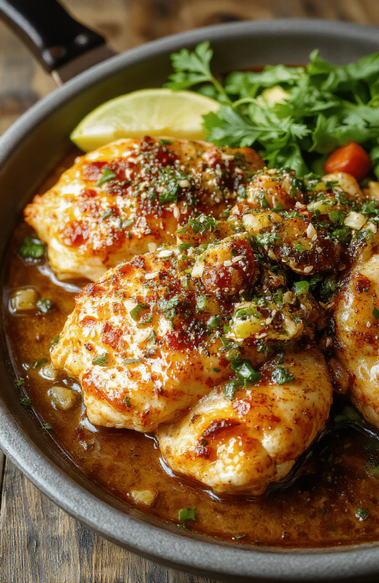 A vibrant chicken skillet topped with sliced pepperoncini peppers, garnished with fresh herbs on a rustic wooden table. The dish features golden-brown chicken breasts with a glossy, tangy sauce, colorful peppers, and a sprinkle of herbs, styled simply for an appetizing presentation.