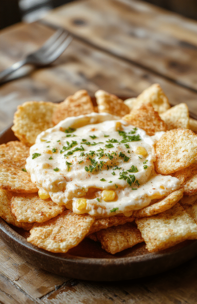 A vibrant bowl of hot crack corn dip with golden-brown cheese topping, surrounded by crispy chips and fresh herbs, on a rustic wooden table with warm lighting, textures of melty cheese, crunchy chips, and colorful garnishes.