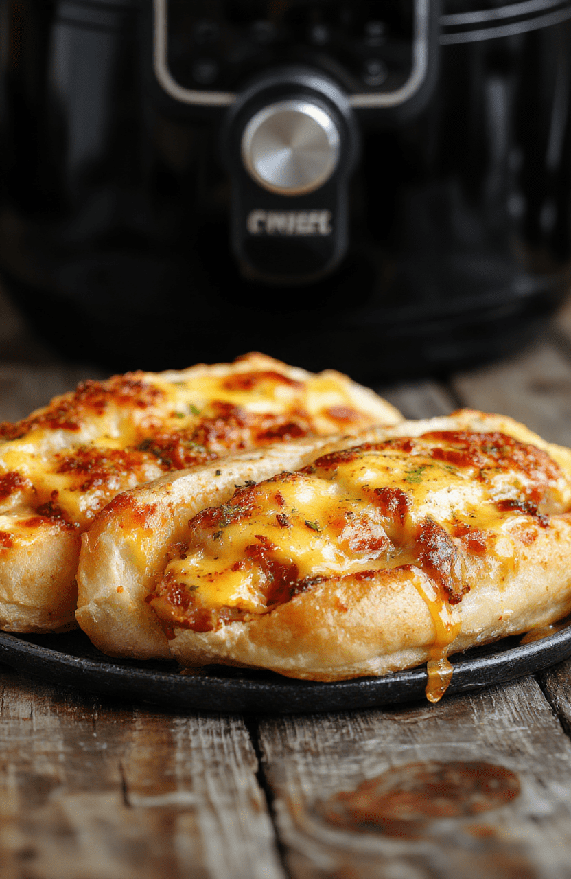 A vibrant image of grilled cheese hot dogs on a white plate, featuring golden crispy bread, melted cheesy sausage filling, garnished with fresh herbs, styled on a rustic wooden table with colorful napkins.
