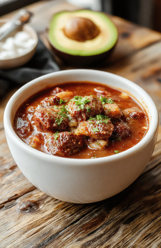 A vibrant bowl of rich, tender beef birria stew with deep red broth, garnished with fresh cilantro and chopped onions, served alongside warm corn tortillas, with colorful chili peppers and lime wedges on the side. The stew looks hearty and succulent, with visible shredded beef and flavorful spices, styled simply yet invitingly on a rustic wooden table.