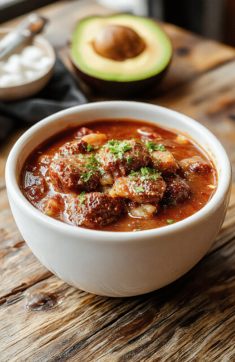 A vibrant bowl of rich, tender beef birria stew with deep red broth, garnished with fresh cilantro and chopped onions, served alongside warm corn tortillas, with colorful chili peppers and lime wedges on the side. The stew looks hearty and succulent, with visible shredded beef and flavorful spices, styled simply yet invitingly on a rustic wooden table.