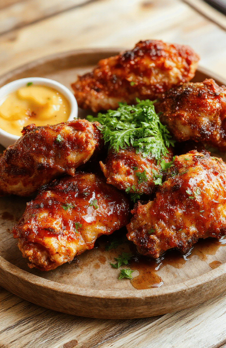 A golden-brown crispy baked chicken breast glazed with a glossy, spicy hot honey sauce, garnished with chopped scallions and sesame seeds on a rustic wooden plate, vibrant reds and honey tones highlighting the spicy-sweet glaze, with a textured crispy exterior and tender interior visible through the glaze.