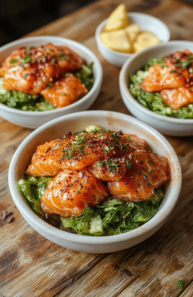 Colorful salmon bites glazed with spicy mayo sauce arranged elegantly in a bowl, garnished with fresh herbs and thinly sliced vegetables, served on a textured wooden platter with vibrant reds and greens, styled to highlight the glossy, crispy textures of the salmon and fresh toppings.