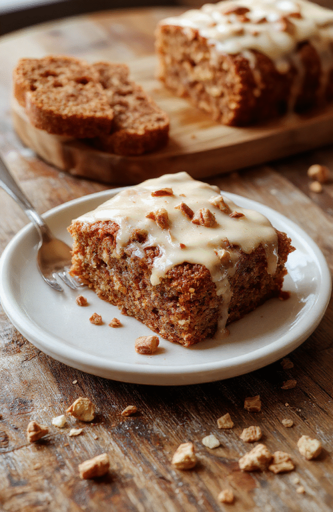 A golden-brown slice of carrot cake banana bread featuring visible chunks of shredded carrots and ripe banana pieces on a rustic wooden plate, garnished with a sprig of fresh mint. The bread has a slightly cracked top, showcasing its moist interior with flecks of carrots and bananas. The background includes a soft-focus setting with a cozy kitchen vibe, natural lighting highlighting the textures and warm tones.